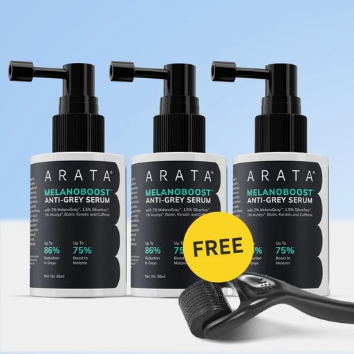 [Arata122] MelanoBoost™ Anti-Grey Hair & Beard Serum with MelanoGray™, Silverfree™, Arcolys® & Vegan Keratin - 30ml + Free Derma roller (Pack of 3)